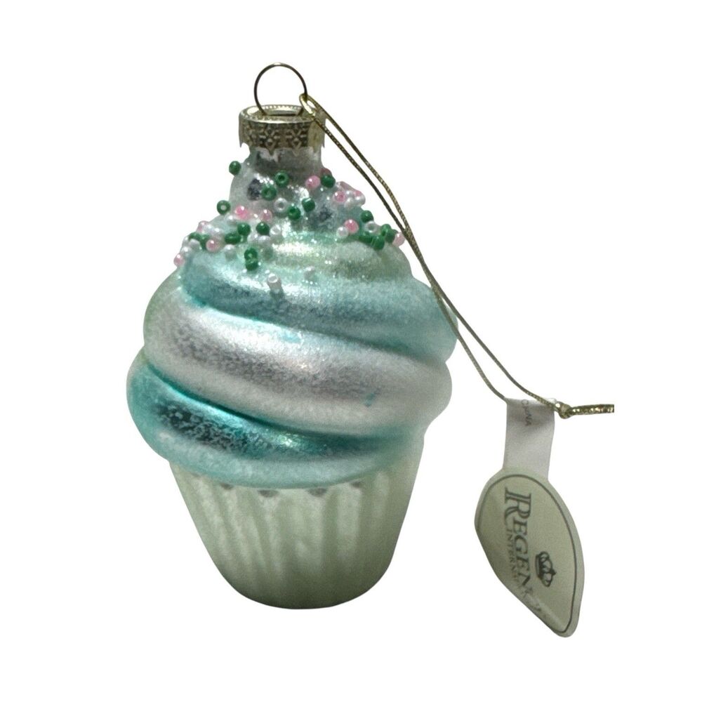 Glass Blue Icing Cupcake Christmas 3” Ornament Bead Sprinkles Birthday Boy
